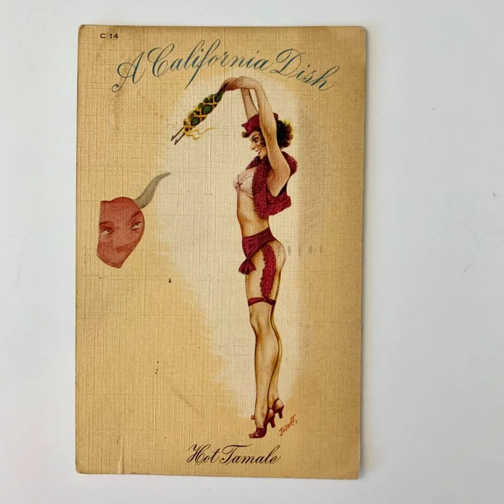 Risque postcards WWII 'A California Dish' 3 linen postcards sent by PFC - Picture 2 of 6